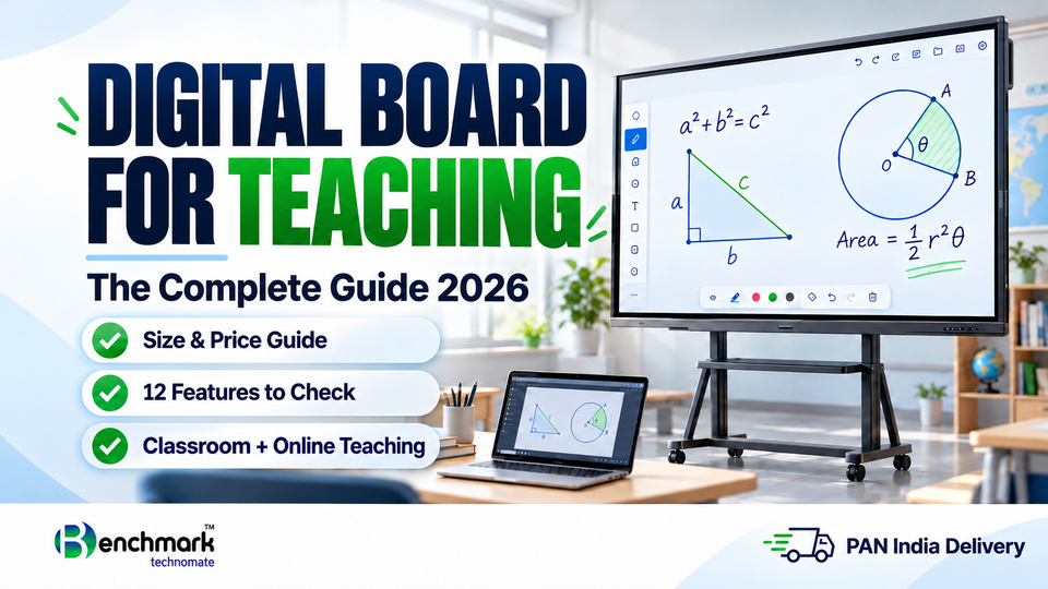 Digital board for teaching guide 2026 by Benchmark Technomate, covering sizes, prices, 12 features, and classroom and online teaching.