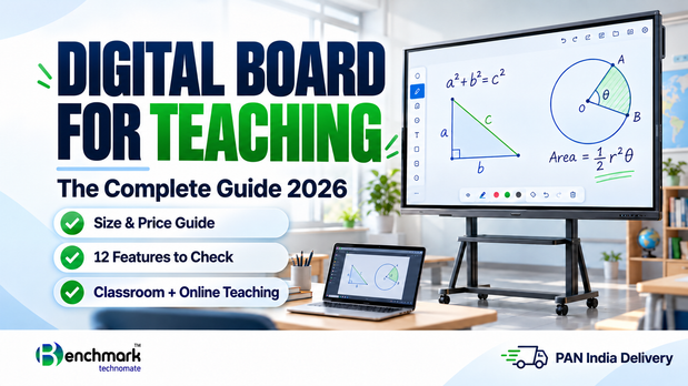 Digital board for teaching guide 2026 by Benchmark Technomate, covering sizes, prices, 12 features, and classroom and online teaching.