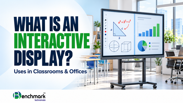 Interactive display showing geometry lessons and business charts, with text “What Is an Interactive Display? Uses in Classrooms & Offices” and Benchmark Technomate logo.