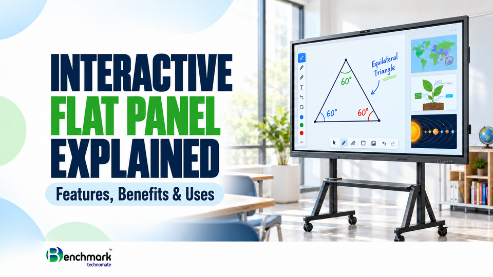 Interactive flat panel displaying classroom lessons with the headline “Interactive Flat Panel Explained: Features, Benefits & Uses” and Benchmark Technomate logo.
