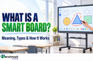 Smart board on a classroom stand displaying interactive geometry lessons, with text “What Is a Smart Board? Meaning, Types & How It Works” and Benchmark Technomate logo.