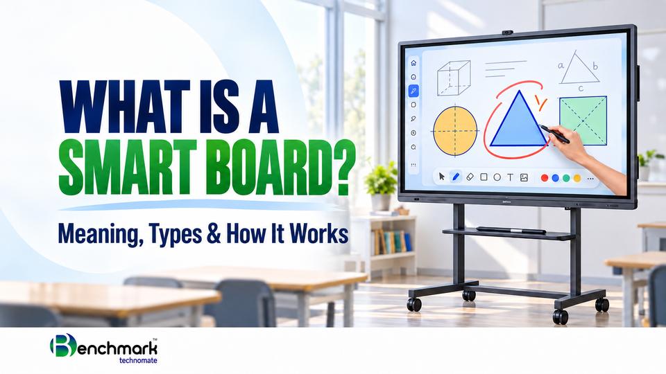 Smart board on a classroom stand displaying interactive geometry lessons, with text “What Is a Smart Board? Meaning, Types & How It Works” and Benchmark Technomate logo.